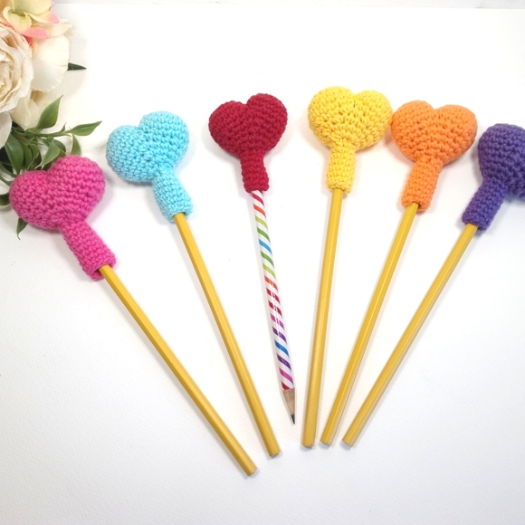 Handmade Accessories Crochet Heart Pencil Toppers Amigurumi Heart